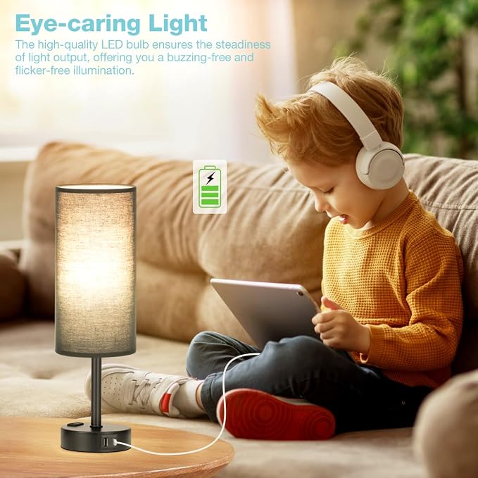 Black Bedside Lamp for Bedroom, Dimmable Touch, USB A+C, AC Outlet | 3-Way Dimmable, LED Bulb Included, USB C+A Charging Ports, Black Fabric Lampshade, Metal Base, 14in Small Table Lamp