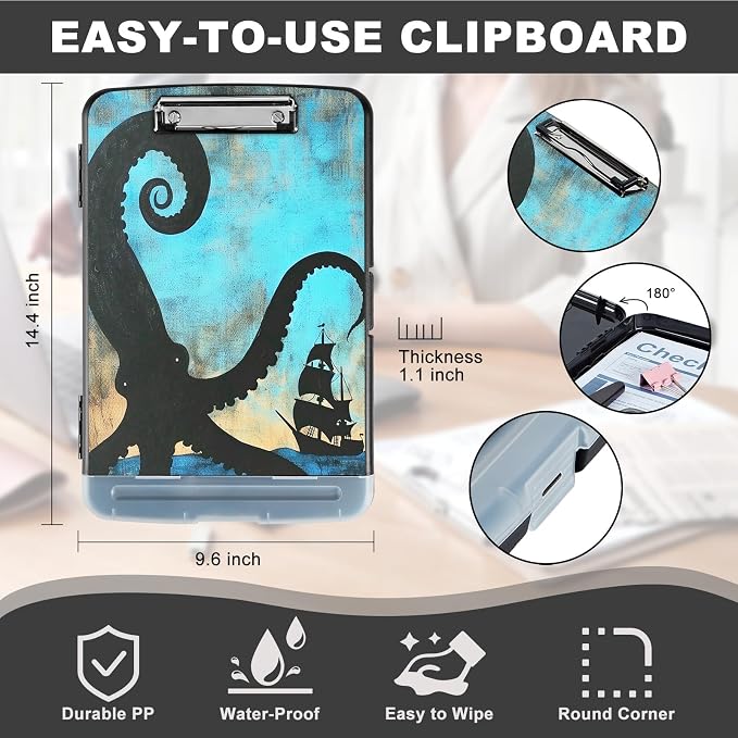 Clipboard with Storage,Storage Clipboard with Pen Holder,Heavy Duty Plastic Storage Clipboard with Low Profile Clip,Teacher Must Haves,Clipboard Folder,Office Supplies,Octopus and Ship -1343
