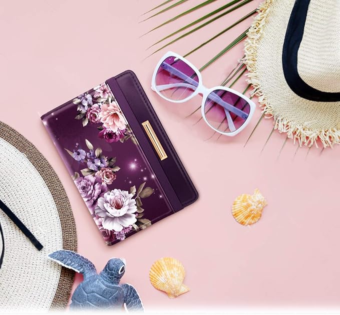 Coco Rossi Passport Holder for Travel Women Slim RFID Passport Cover Wallet | Travel Essentials, Passport Book Holders, Passport Wallet Cover Case, PU Leather, Cute, Thin, Spliced Design, Purple Flower
