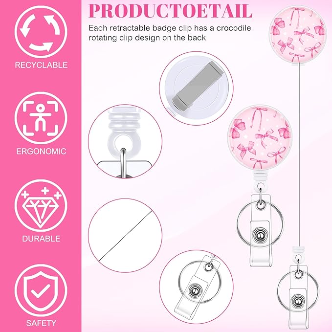 3 Set Bow Badge Holder with Valentines Day Badge Reel Retractable ID Badge Holders with Clip Name Badge Holders for Teacher Nurse Doctor Student Office Workers