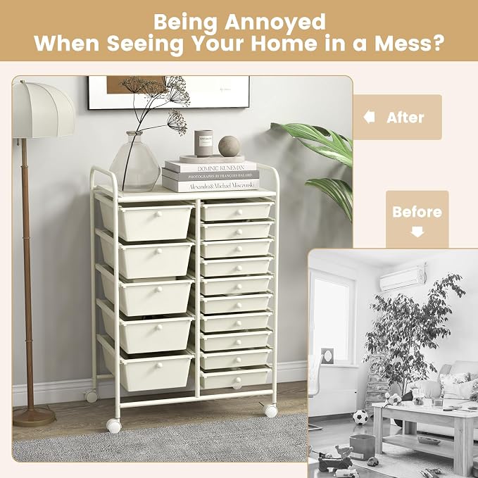 15 Drawer Rolling Storage Cart, Rolling Cart with Drawers for Classroom, Art Supply Craft Organizer on Wheel with Metal Frame & Handles for Home Office School