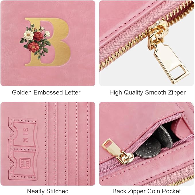 Passport Holder for Travel Personalized Wallet with Wristlet Women | All-in-One Passport Cover, RFID Blocking, Back Coin Pocket, Paper Money Slot, Zipper Closure, Roses Initial Letter, Pink B