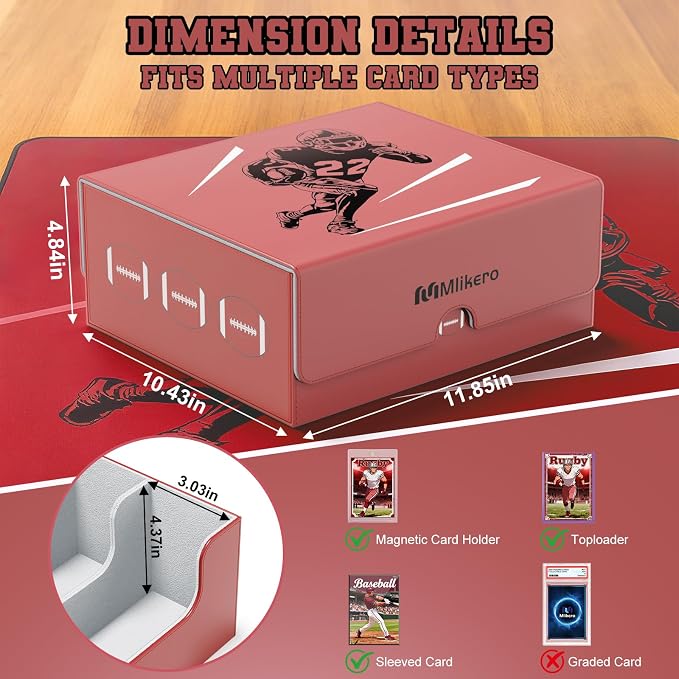 Mlikero Football Card Storage Box, Trading Card Storage Box Oversized Fits Toploaders, Magnetic Closure Sports Card Case for Football Cards 2026 (Holds 500+ Toploaders)