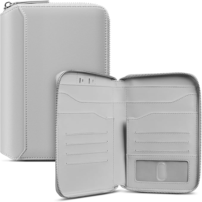 VULKIT Leather Passport Holder for 4-8 Passports Family Passport Wallet with Zipper Travel Documents Organizer for Men or Women(Grey)