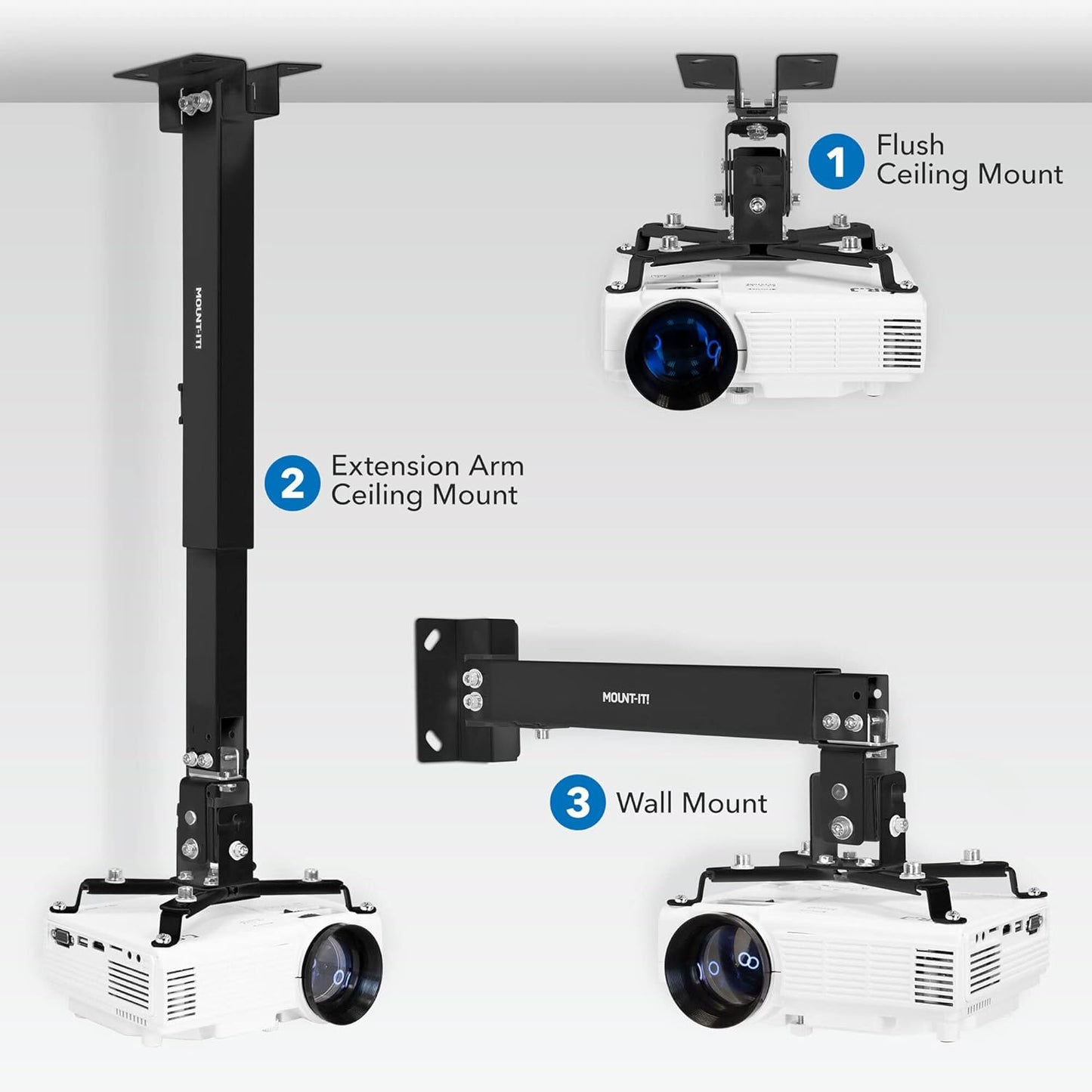 Mount-It! Projector Ceiling Mount and Wall Mount with Adjustable Arm, Universal Projector Mount for LCD/DLP Projectors, Flush Mount Option, Built-in Cable Management, 40lb Capacity, Black