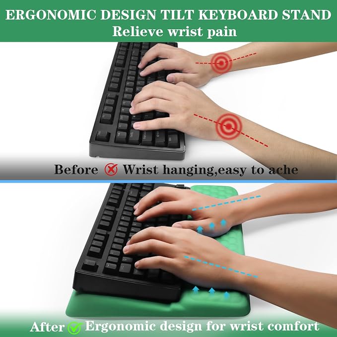 Computer Keyboard Stand with Wrist Rest Support Pad, Green | Ergonomic Comfy Tilted Keyboard Stand Riser Holder Pad for Pain Relief, Soft Memory Foam Desk Cushion for Office Home