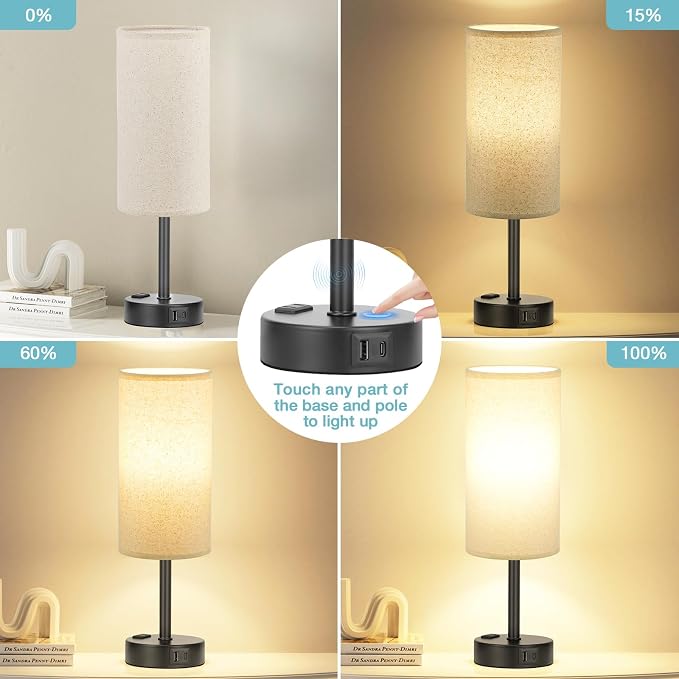 Beige Touch Table Lamp for Bedroom - 3 Way Dimmable Bedside Lamp USB C Charging Ports and AC Outlet, Small Lamp with Fabric Shade Black Base for Living Room, Office Desk, LED Bulb Included