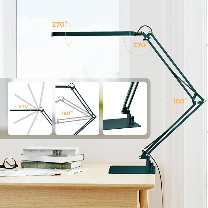 LED Desk Lamp with Slim Base - Adjustable Swing Arm Desk Light, Dimmable, Timer, Eye Protection, Memory Function, 1300LM, 12W, Green