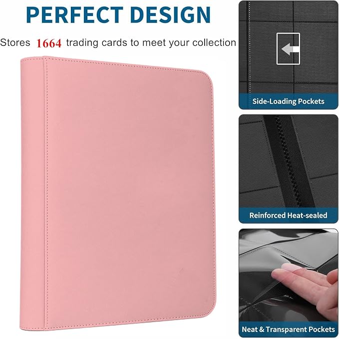 Trading Card Binder 16 Pocket, 1664 Pockets Ringless PU Cover Card Collection Binder, Double Sided Card Binder Collector Album, Card Folder for MTG, TCG, Sports Cards, Game Card (Pink, 16Pockets)