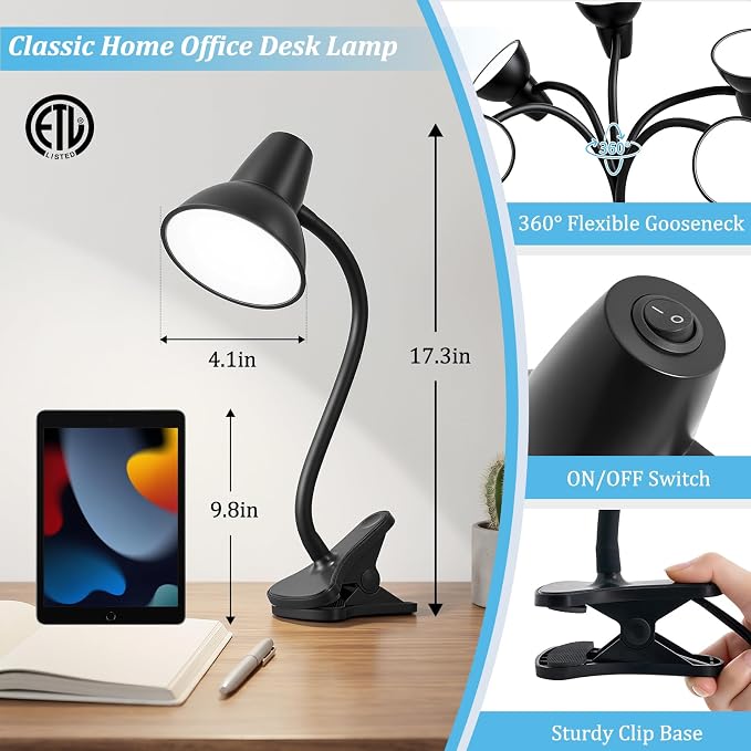 Clip On LED Desk Lamp, Flexible Arm, Eye-Caring Study Lamps for School Dorm | 4.5W Energy-Saving, Anti-tip Bedside Reading Light, Desk Lamps for College Dorm Room, Home Office, Modern Lamp with 1.6m Cord