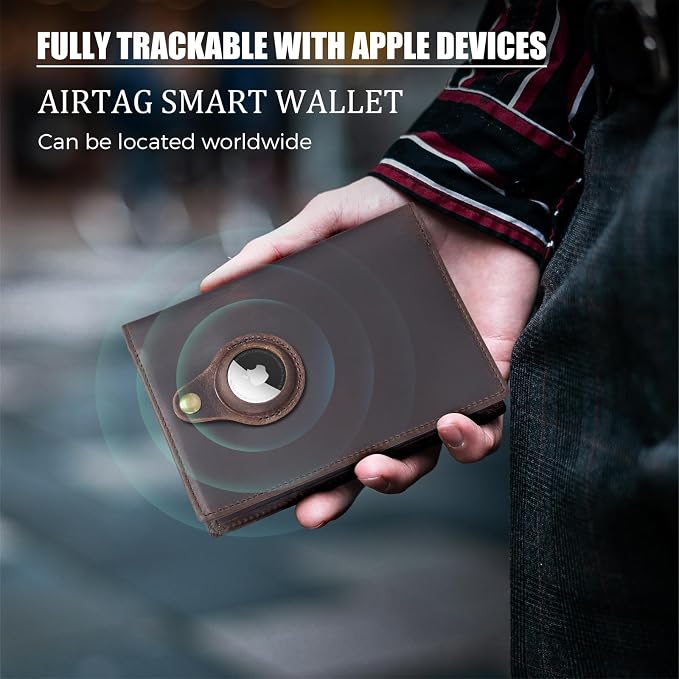 Polare Slim RFID Blocking Leather Passport Holder Travel Bifold Wallet For Men (Dark Brown with AirTag Slot)