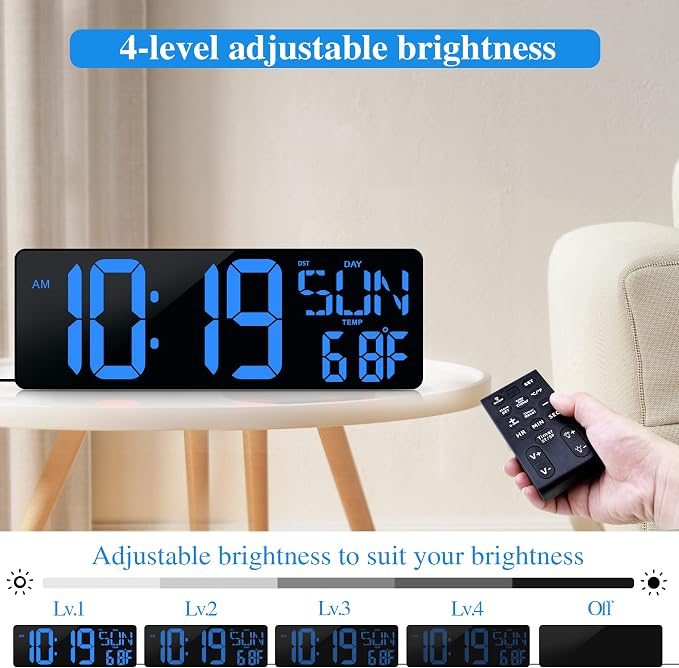 17.2"Large Digital Wall Clock Large Display with Remote Control 180°Visible | Timer with Temperature Date Week Auto DST Adjustable Brightness, for Living Room Classroom Garage Gym Gift for Senior Mom Dad