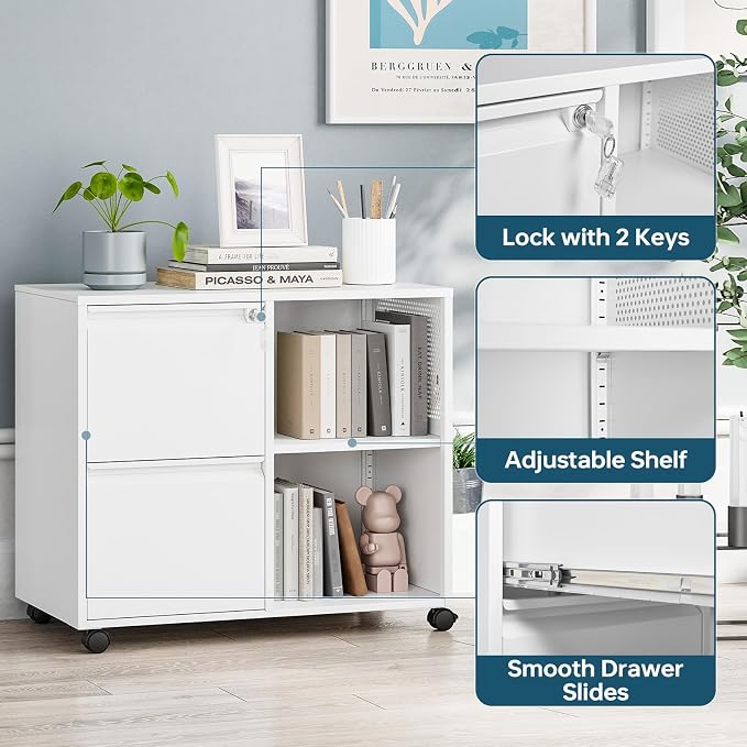 MIIIKO 2 Drawer File Cabinet with Lock, Metal Rolling Printer Stand Filing Cabinets with Drawers for Home Office,A4, Letter Size File Folders(White)