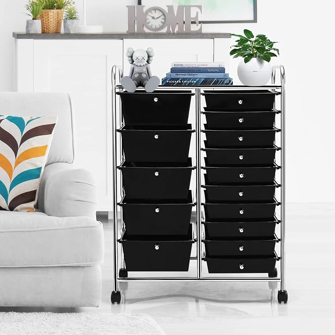 COSTWAY 15 Drawer Rolling Storage Cart, Mobile Storage Organizer | Removable Drawers & Metal Frame, Multipurpose Utility Tools Paper Organizer on Wheels for Home, Office (Black)