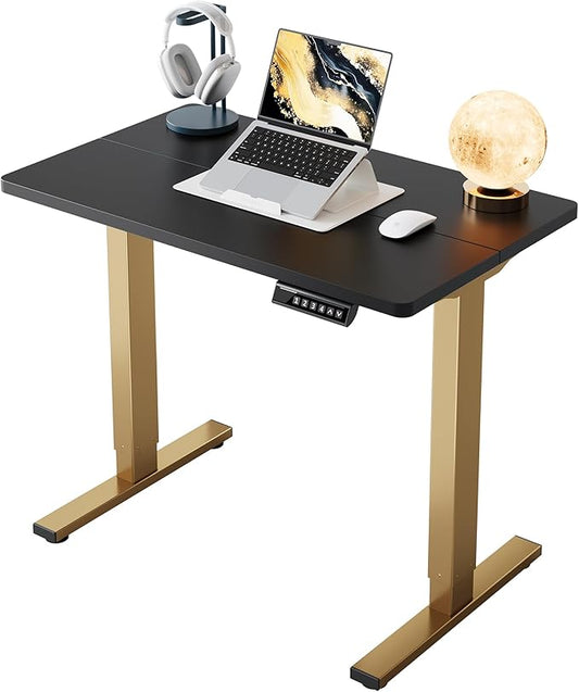 HUANUO 32" Small Electric Standing Desk Adjustable Height, 4 Memory Height Settings, Sit Stand Up Desk for Home Office & Computer Workstation, Black and Gold Frame