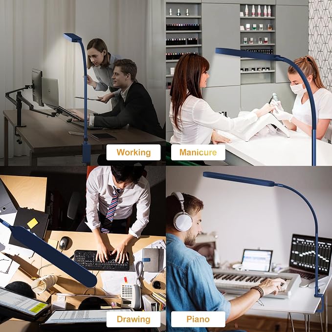 LED Desk Lamp - Desk Light for Home Office - Flexible Gooseneck - 5 Color Modes X 11 Brightness Levels - 1300LM - Timmer & Memory Function - 12W Clip on Light - Blue
