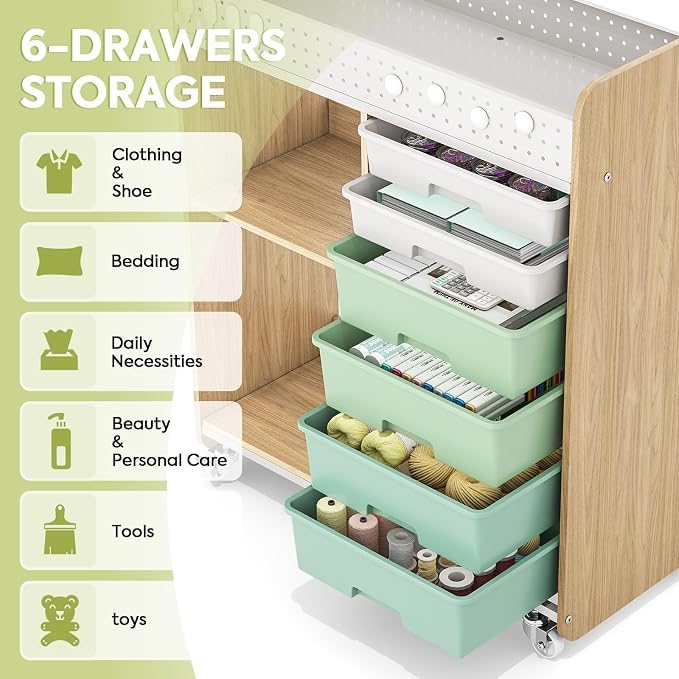 Rolling Craft Cart with 6 Drawers, Pegboard and Locking Wheels Green | Ample multi-zone storage, 2 open shelves, art cart for classrooms, homeschool and offices, sturdy wood-metal frame