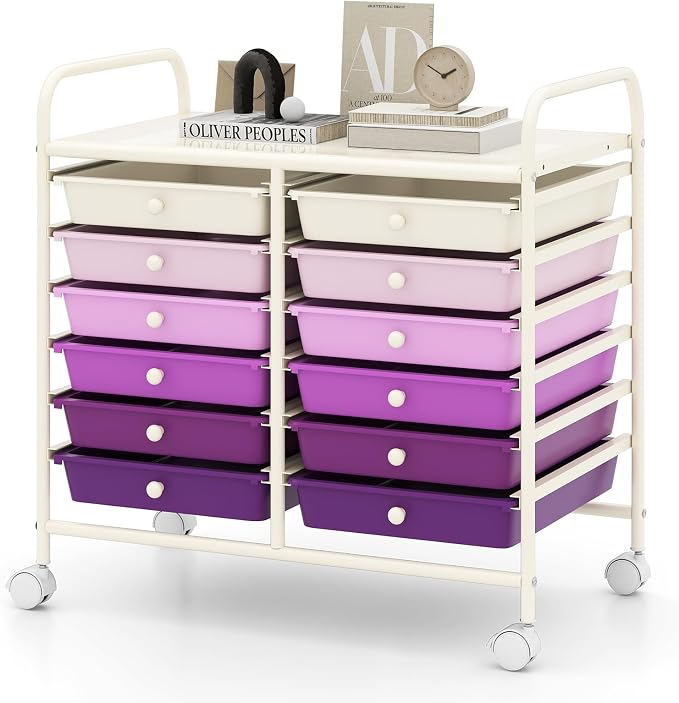 RELAX4LIFE 12-Drawer Rolling Storage Cart - Mobile Utility Cart on Wheels for School Classroom Teacher Office Salon, Paper File Art Supply Craft Organizer, Rolling Cart with Drawers (Gradient Purple)