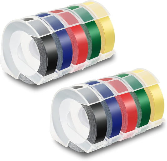 Pristar Compatible Label Tape Replacement for Dymo 3D 3/8 in x 9.8 ft Plastic Embossing Label Tapes 9mm for Dymo Organizer Xpress Pro Label Maker, White on Black/Red/Blue/Green/Light Yellow, 10-Pack