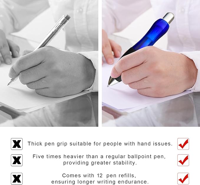 14pcs Big Fat Pens Aids Writing For Tremor, Arthritis, Parkinson, Handicap, Carpal Tunnel Large Wide Grip Pens Blue (2 Pen + 6 Black Refills + 6 Blue Refills)