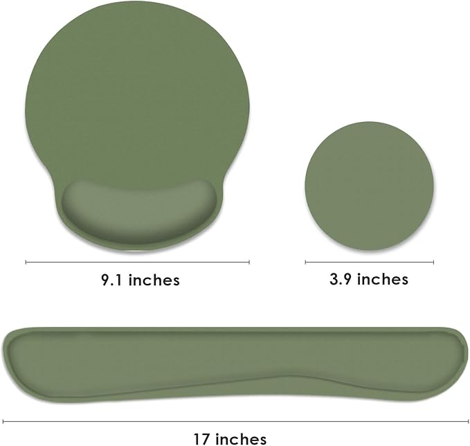 Ergonomic Mouse Pad Set with Wrist Rest, Green | Non-Slip Rubber Base Wrist Cushion Support and Coasters Mousepad with Wrist Support for Computer Keyboard