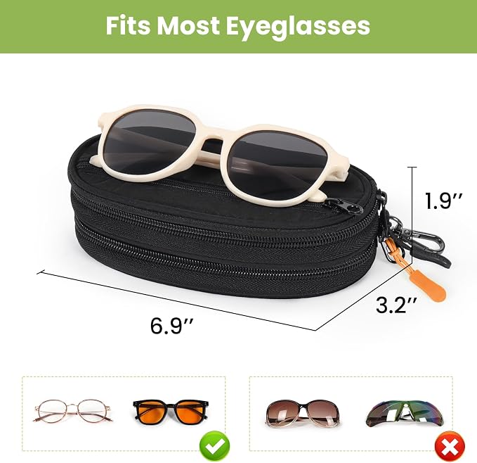 Double Eyeglasses Case Soft Portable Zipper Sunglasses Pouch with Keychain Clip for Men Women