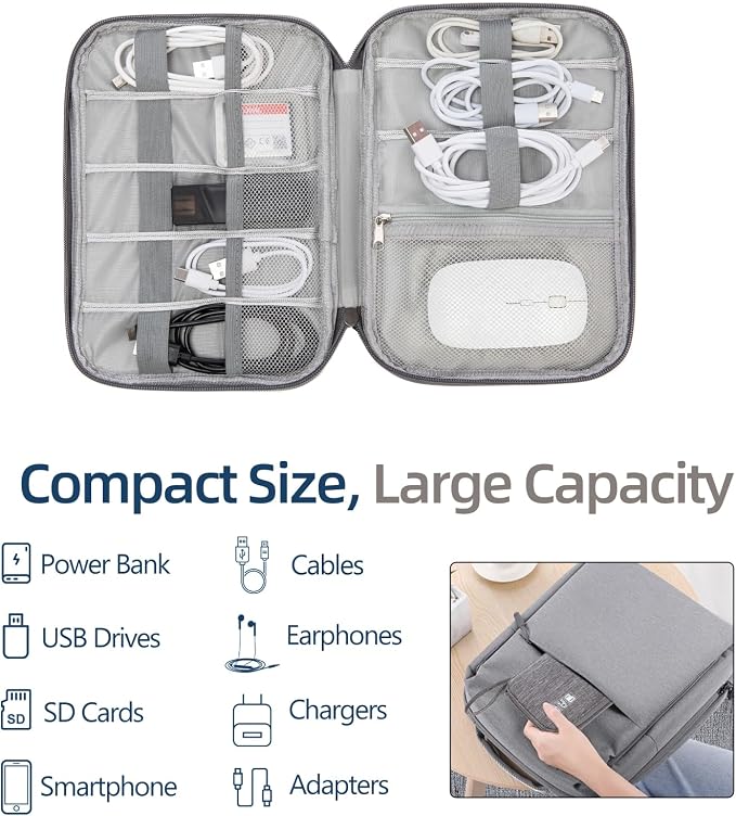 Electronics Organizer Travel Case - Water-Resistant Tech Bag for Cables, Chargers & Cord Management - Small Portable Pouch for Travel Accessories, Gear Bag for Airplane & Business