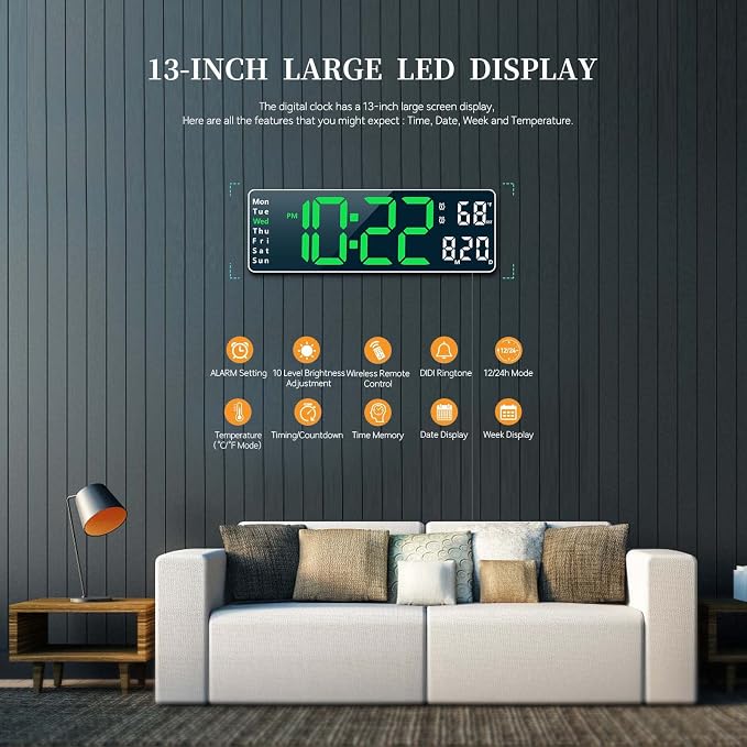 Digital Clock, Digital Wall Clock for Living Room Decor, Desk Alarm Clock for Bedroom, Large Wall Clock with Remote Control, Automatic Brightness Dimmer LED Clock with Date Temperature Week (Green-W)