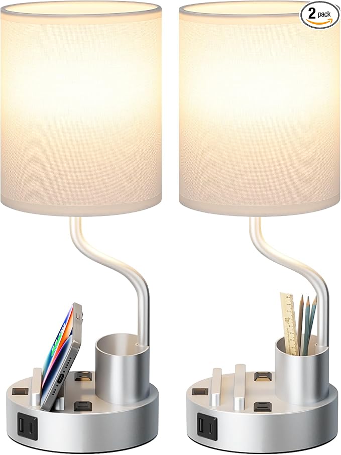 Bedside Lamps for Bedroom Set of 2 - Table Desk Lamp for Nightstand | 15" Table Lamp for Living Room with Pen Holder & Phone Stand, USB A+C Port, AC Outlet, 3 Color Temperature, LED Bulb Included
