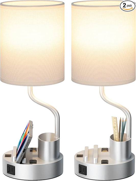 Bedside Lamps for Bedroom Set of 2 - Table Desk Lamp for Nightstand | 15" Table Lamp for Living Room with Pen Holder & Phone Stand, USB A+C Port, AC Outlet, 3 Color Temperature, LED Bulb Included