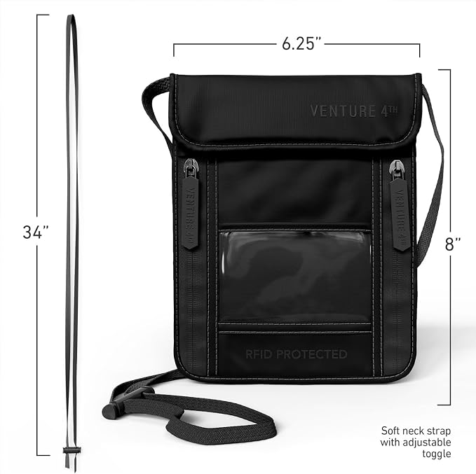 VENTURE 4TH Travel Neck Wallet, RFID Blocking Passport Holder - Sleek Black