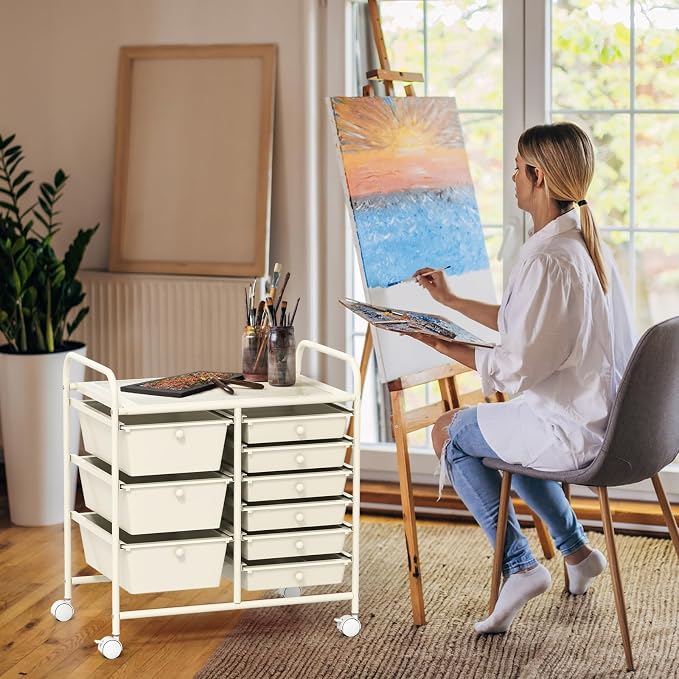 COSTWAY Rolling Storage Cart with 9 Drawer, Utility Cart with Metal Frame | Mobile Art Supply Craft Organizer, Multipurpose Storage Organizer for Paper, Office, School Teacher, Classroom, White