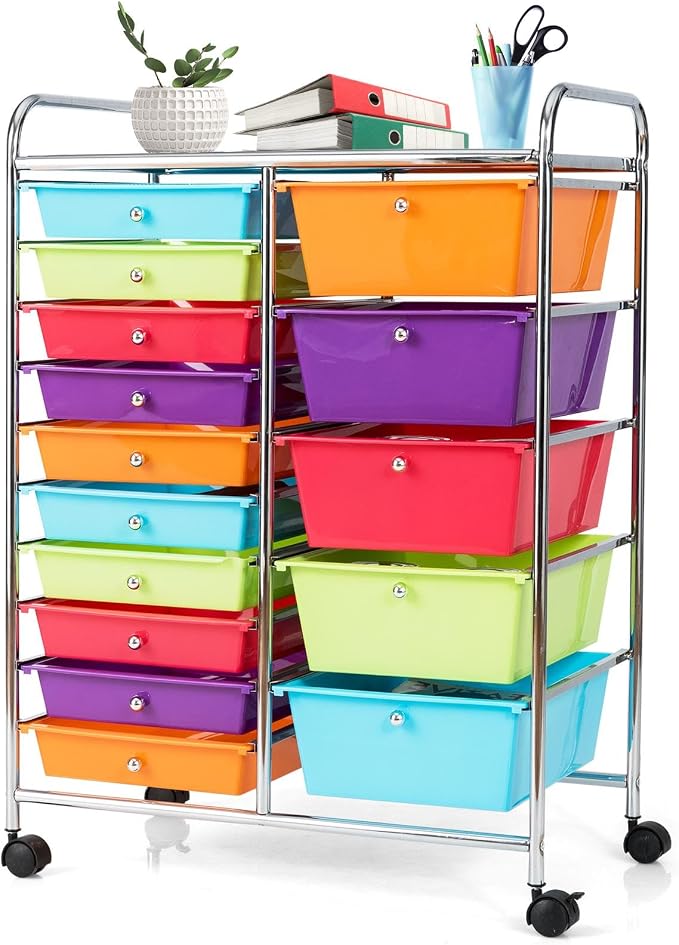 GLACER 15 Drawers Rolling Storage Cart, Steel Frame Craft Organizer Cart | Utility Cart w/Lockable Wheels & Handle, Mobile Art & Tool Supply Trolley for Teacher, Home, School, Office (Multicolor)
