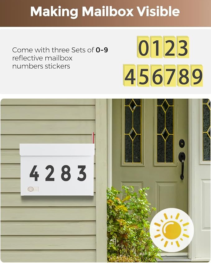 Modern Mailboxes for Outside, Metal Wall Mount Mailbox, with One Flag Kit and Three Sets of Mailbox Number Stickers, 3.9" D×14.2" W×10.2" H, Rust Resistant Coating Mail Boxes for House, White
