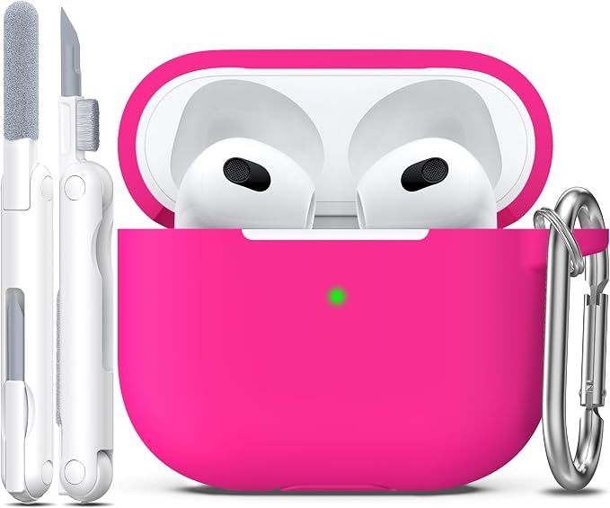 R-fun Compatible with AirPods 3 Case Cover, Silicone Protective Accessories Skin with Keychain Compatible with Apple AirPod 3rd Generation 2021 for Women Men Girls Boys,Front LED Visible,Rose Pink