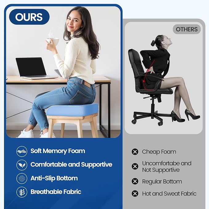 SweetSlubr Seat Cushion for Tailbone Pain Relief, Office Chair Cushion, Memory Foam Large Chair Pad with Non-Slip Cover for Soft Support at Office Chair, Car Seat, Airplane Light Blue/Large