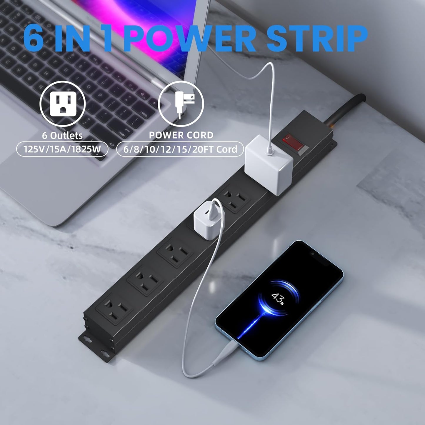 6 Outlet Power Strip with Wide Spaced and 10FT Power Cord,Wall Mount Metal Industrial Power Strip Heavy Duty for Commercial,Garage,School and Home,15A 125V 1875W,Black(10FT)