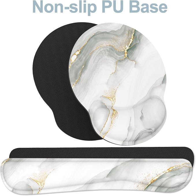 Ergonomic Mouse Pad with Wrist Rest and Keyboard Wrist Rest, Mousepad | Memory Foam Wrist Rest for Computer Keyboard, Pain Relief, Non-Slip Base, Mouse Pad Wrist Support for Gaming, White Marble