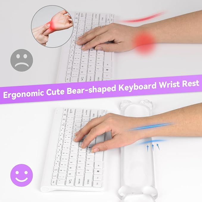 Ergonomic Silicone Gel Keyboard Wrist Rest – Clear Wrist Rest for Computer Keyboard 60%/68%/75%, Comfort & Support for Typing and Gaming(Cute White Bear)
