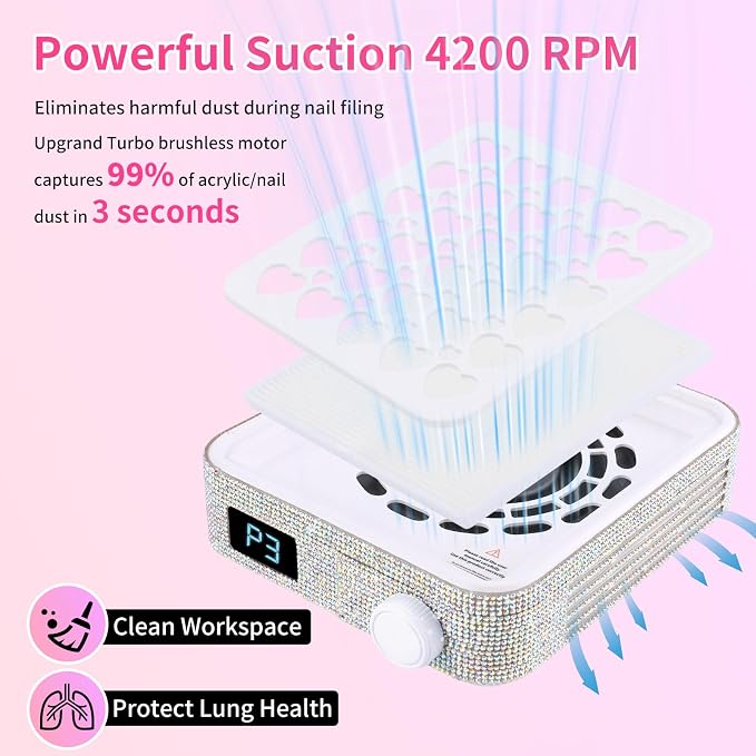 BQAN Portable Nail Dust Collector with 4200RPM Fan White AB Rhinestones | 10pcs Filter Papers Include & Nail Brush | Strong Suction | Adjustable Speed | For Acrylic & Gel | Professional & Home Use