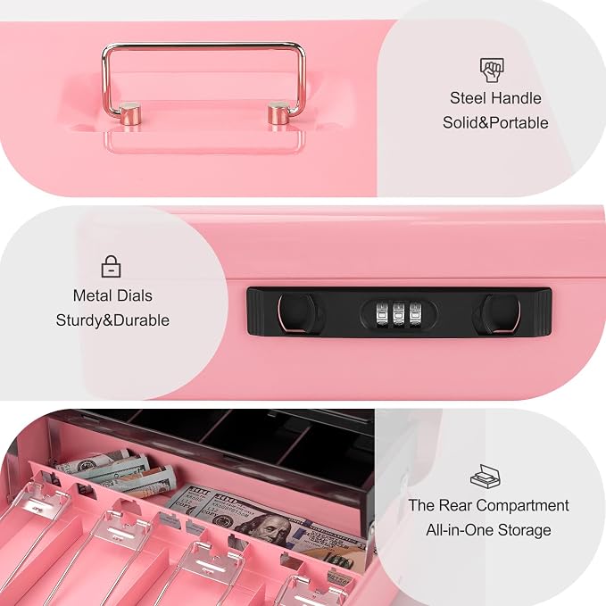 Jssmst Locking Cash Box with Money Tray and Coin Lid, 11.8L x 9.5W x 3.5H Inches, Cash Box with Combination Lock Safe Money Saving Organizer Box, Pink, XLarge