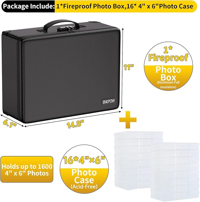 ENGPOW Fireproof 5200°F Photo Storage Box with 16 Inner 4" x 6" Photo Case(Clear), Photo Organizer with Lock, Portable Acid-Free Photo Keeper Safe Storage with Handles for Home, Office, Travel