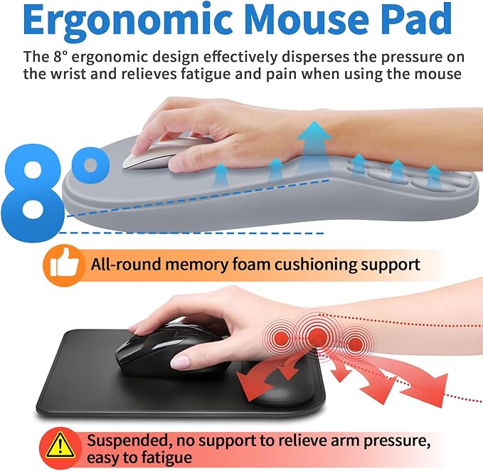 YIWEI Ergonomic Mouse Pad with Wrist Rest for Carpal Tunnel Pain Relief | Memory Foam Wrist Support,Non-Slip Rubber Base, Keyboard Computer Mousepad,Lycra Cloth Surface,Gaming Home Office