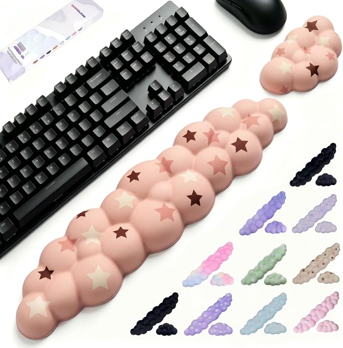Cloud Wrist Rest Set for Keyboard & Mouse, Milk Tea Colorful Star | Memory Foam Arm Rest with Ergonomic Support Fits Full Keyboards and Reduces Typing Fatigue for Office, Gaming and Home Use