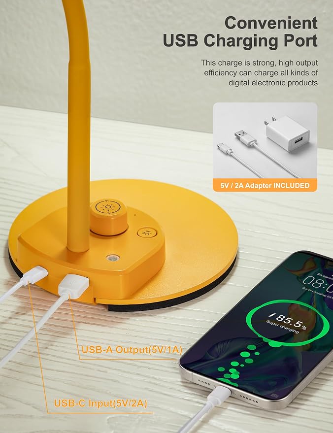BOHON LED Desk Lamp with USB Charging Port 3 Color Modes Fully Dim, Yellow | Reading Lamp, Auto Dimming Task Lamp, Flexible Neck Table Light for Home Office Dorm Bedside, Bright Yellow