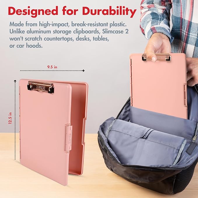 Dexas Slimcase 2 Plastic Clipboard with Storage and Side Opening, Blush Pink with Rose Gold Clip, Office Supplies Clipboards to Organize, Carry and Store, A4 Holder, Nursing Clipboards (Pack of 6)