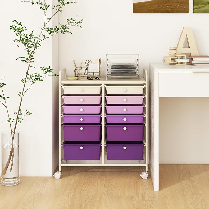 COSTWAY 12-Drawer Rolling Storage Cart, Moveable Art Craft Organizer | Lockable Wheels, Metal Shelf, Files Arrangement Tools Makeup Storage Cart for Office, Home, School (Purple Gradient)