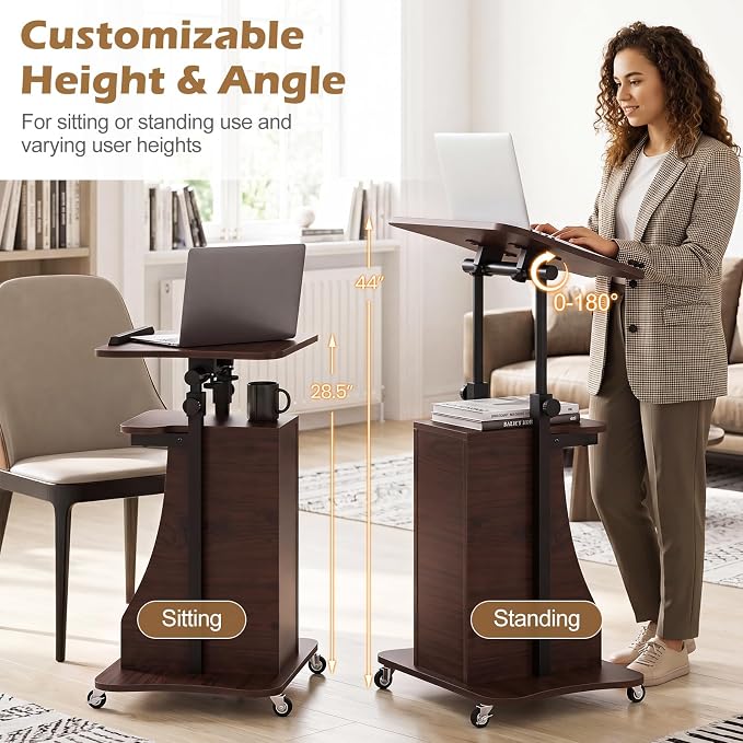 Tangkula Mobile Lectern Podium, Height Adjustable Podium Stand, Sit-to-Stand Desk with Tilting Tabletop & Storage Shelves, Rolling Laptop Cart Desk with Lockable Casters for Home Office School (Brown)