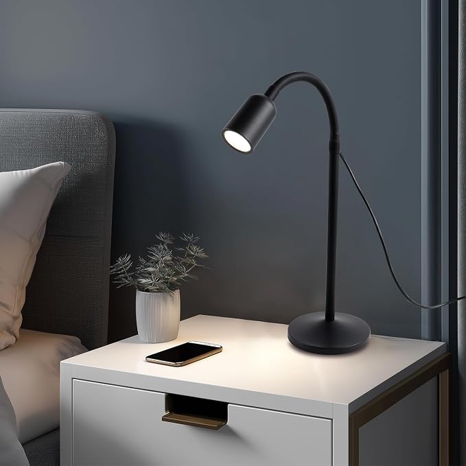 DAMI Small Desk Lamp with Flexible Gooseneck, USB Reading Light Nightstand with 3 Color Temperatures, Dimmable Eye-Caring Bedside Table Lamp for Home Office Bedroom Dorm RV - Black