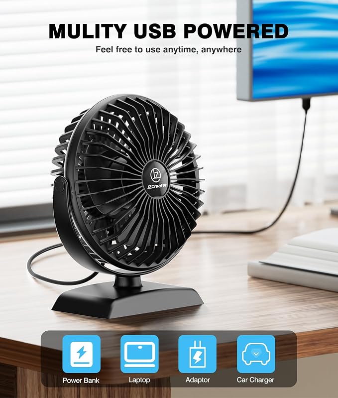 JZCreater USB Desk Fan, USB Fan Mini, 360 Rotation Desktop Fan with 3 Speed, Table Personal Cooling Fan, Quiet Mini Desk Fan, USB Powered, Small Fan for Home Office Bedroom Car Travel,Black+Black